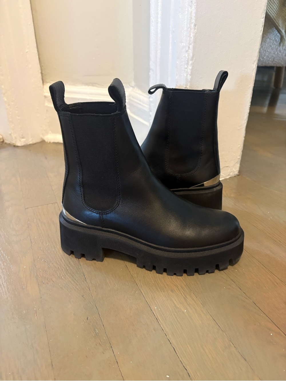 Maje Black Chelsea Lug-Sole Ankle Boots with Metallic Heel Trim